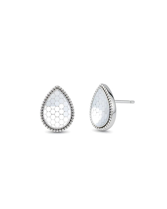 Honeycomb Teardrop Silver Earrings | 925 Sterling Silver Laser Engraved Studs