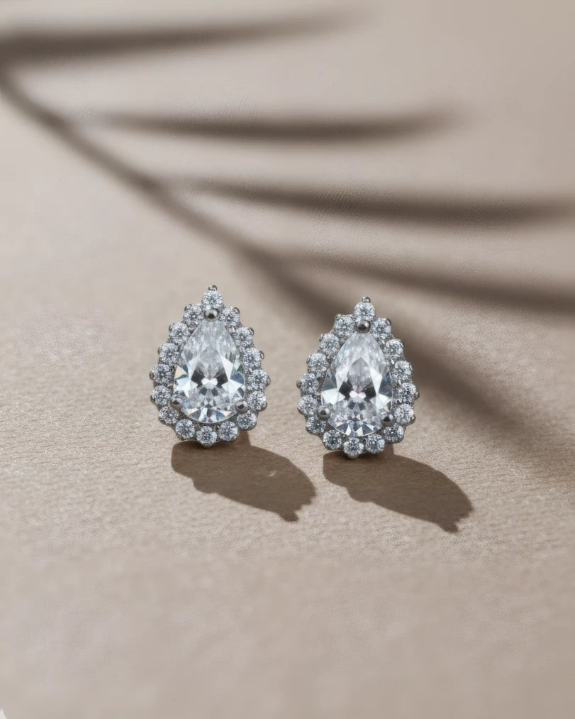 Radiant Teardrop Halo Stud Earrings | 925 Sterling Silver