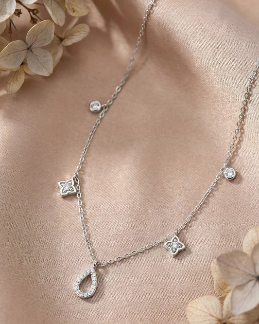 Crystal Teardrop and Floral Charm Chain Necklace