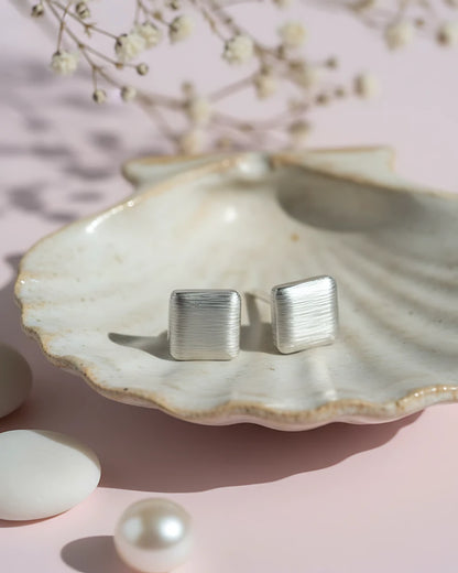 Linen Texture Studs | 925 Sterling Silver Brushed Square Earrings