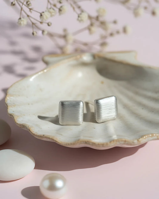 Linen Texture Studs | 925 Sterling Silver Brushed Square Earrings