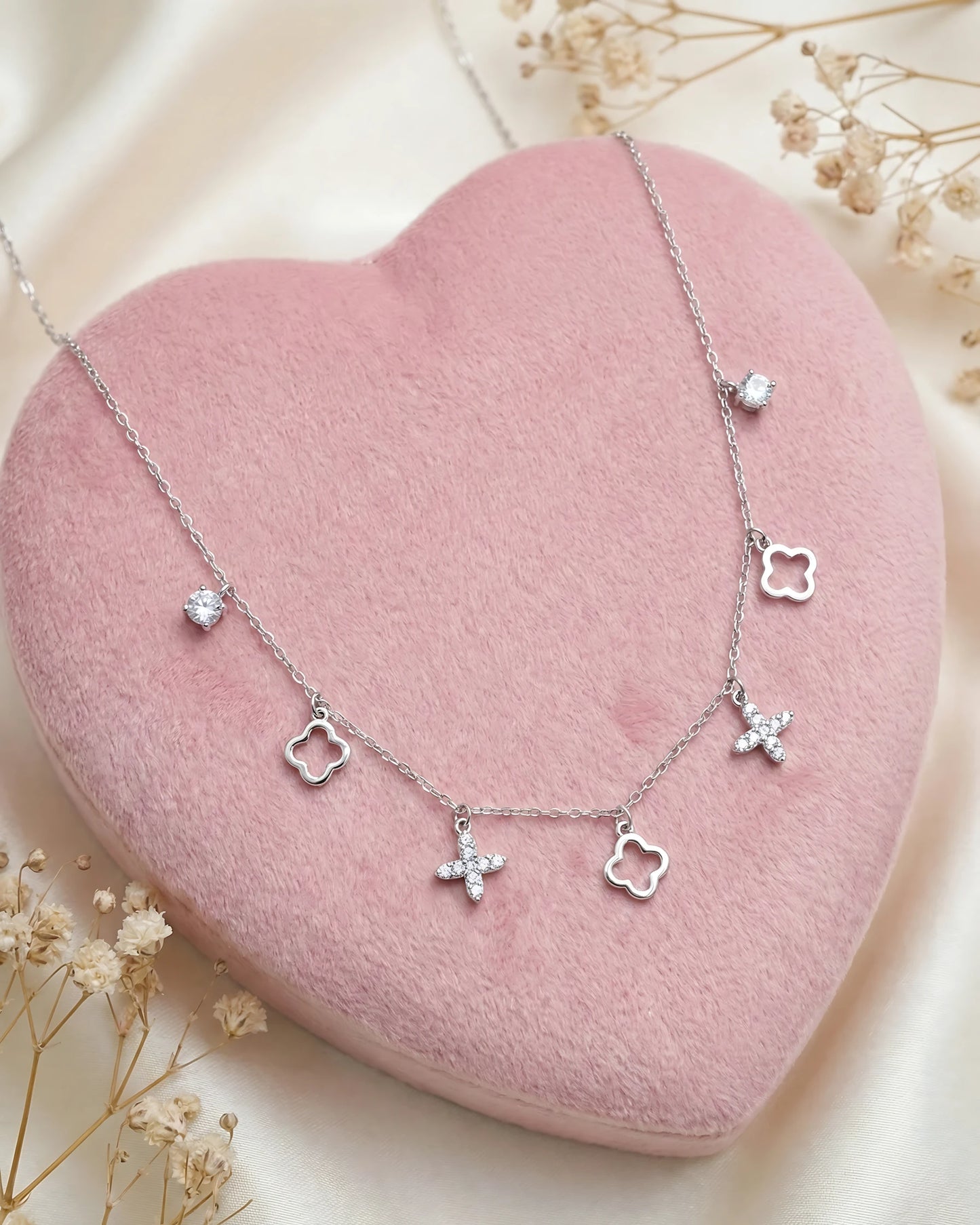 Crystal Clover and Floral Station Necklace
