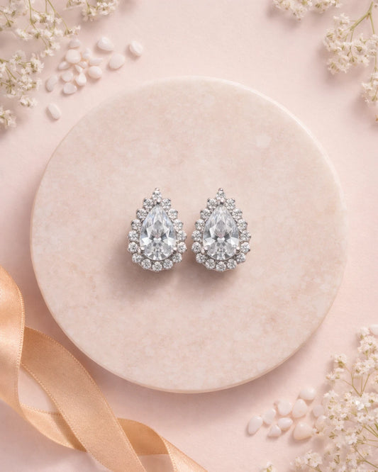 Radiant Teardrop Halo Stud Earrings | 925 Sterling Silver