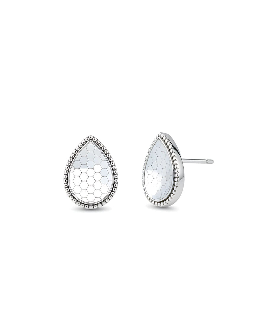 Honeycomb Teardrop Silver Earrings | 925 Sterling Silver Laser Engraved Studs