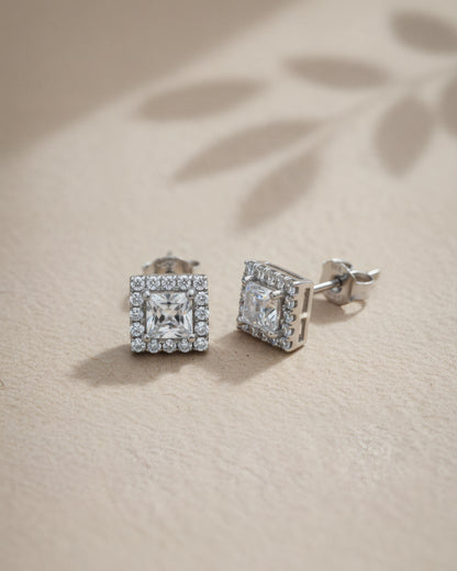 Prismatic Square Halo Stud Earrings | 925 Sterling Silver