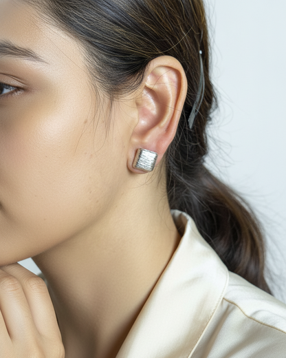 Linen Texture Studs | 925 Sterling Silver Brushed Square Earrings