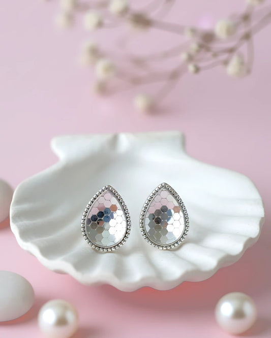 Honeycomb Teardrop Silver Earrings | 925 Sterling Silver Laser Engraved Studs