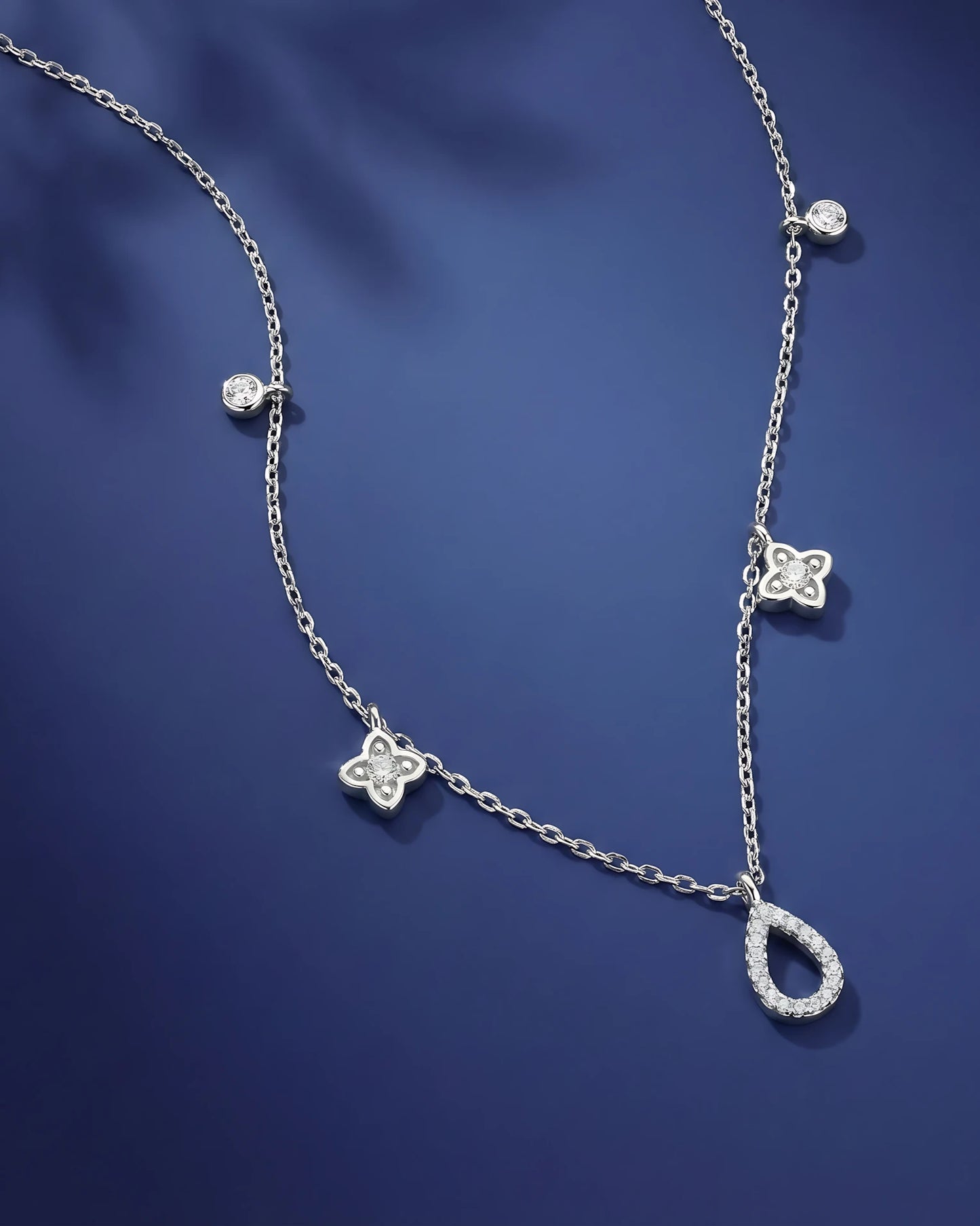 Crystal Teardrop and Floral Charm Chain Necklace