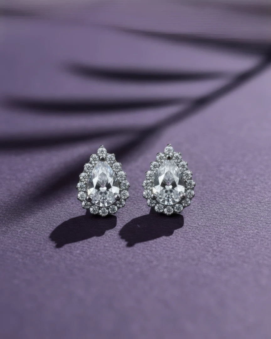 Radiant Teardrop Halo Stud Earrings | 925 Sterling Silver