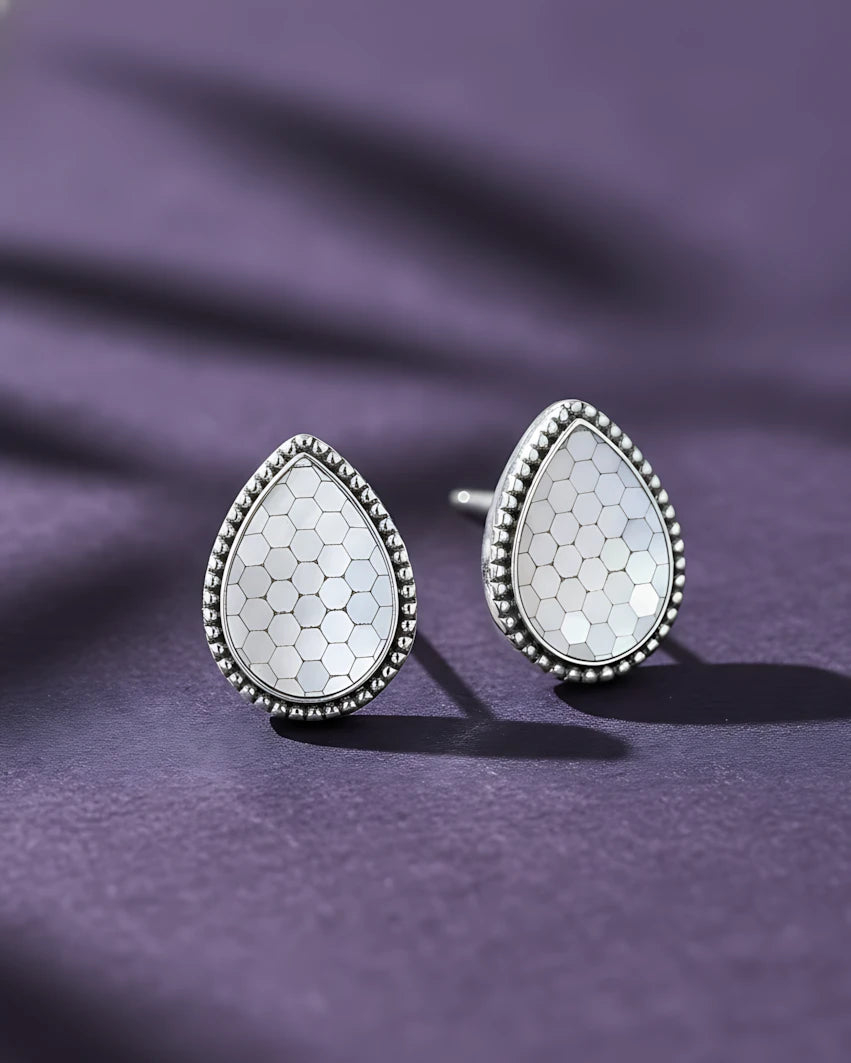 Honeycomb Teardrop Silver Earrings | 925 Sterling Silver Laser Engraved Studs