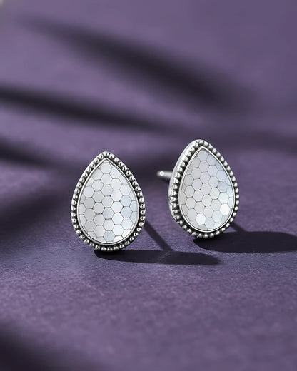 Honeycomb Teardrop Silver Earrings | 925 Sterling Silver Laser Engraved Studs