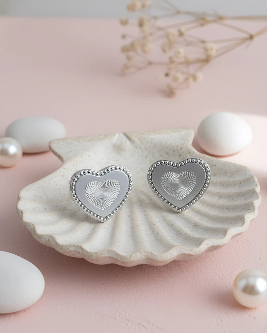 Engraved Heart Silver Earrings | 925 Sterling Silver Laser Etched Studs