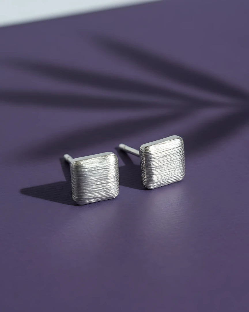 Linen Texture Studs | 925 Sterling Silver Brushed Square Earrings