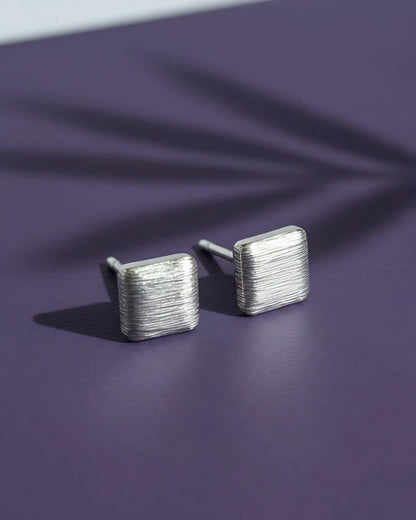 Linen Texture Studs | 925 Sterling Silver Brushed Square Earrings