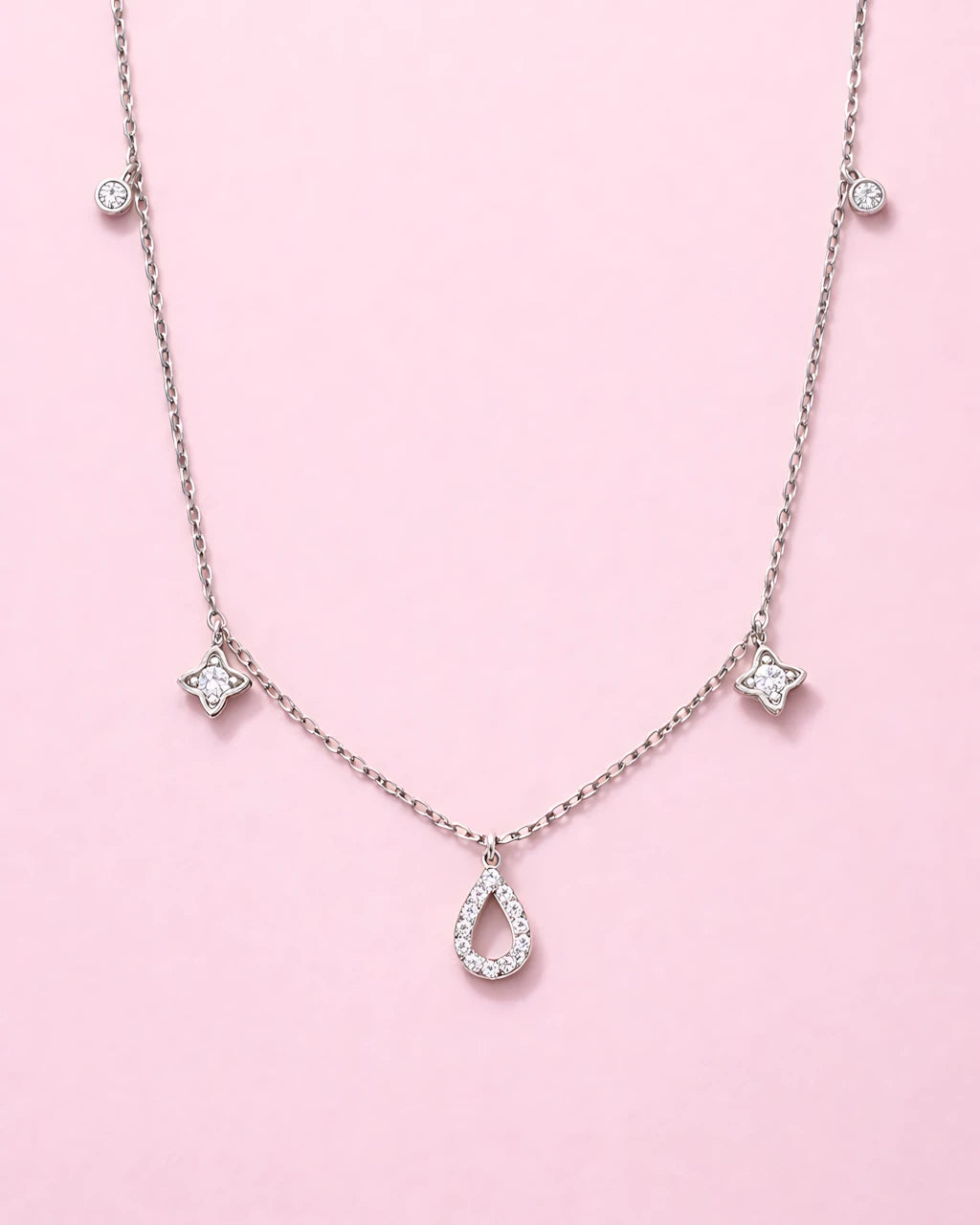 Crystal Teardrop and Floral Charm Chain Necklace