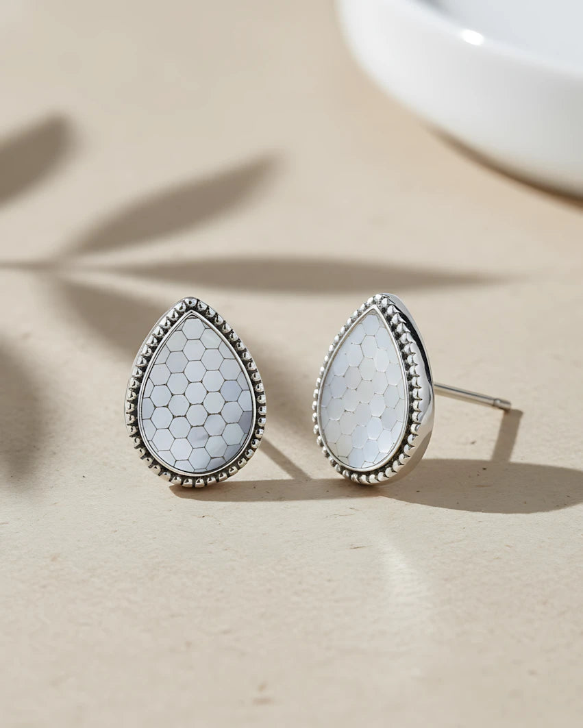 Honeycomb Teardrop Silver Earrings | 925 Sterling Silver Laser Engraved Studs