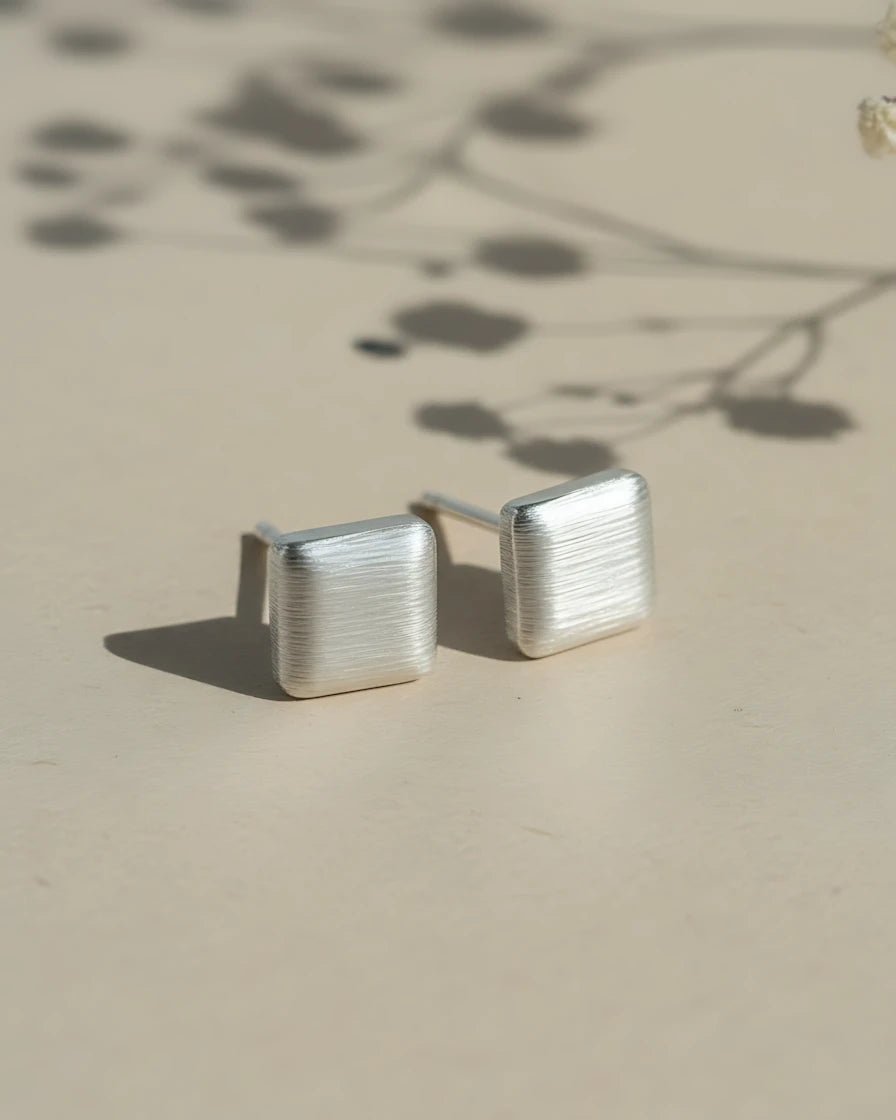 Linen Texture Studs | 925 Sterling Silver Brushed Square Earrings