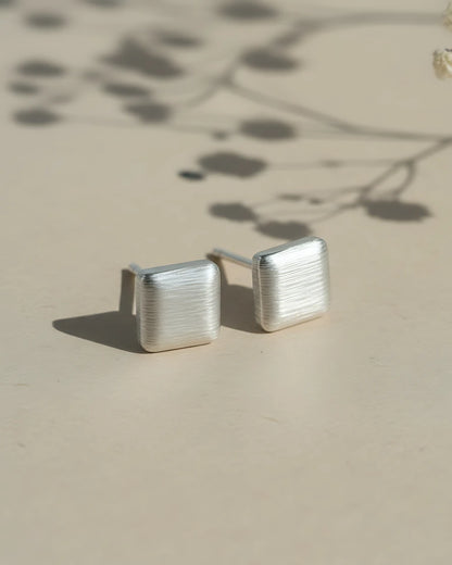 Linen Texture Studs | 925 Sterling Silver Brushed Square Earrings