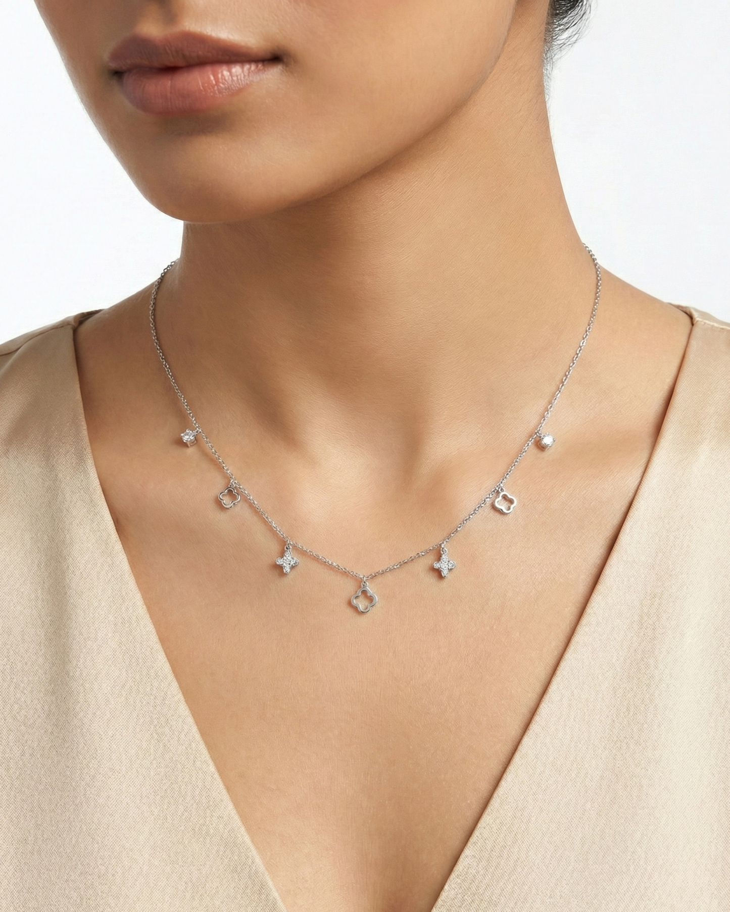 Crystal Clover and Floral Station Necklace