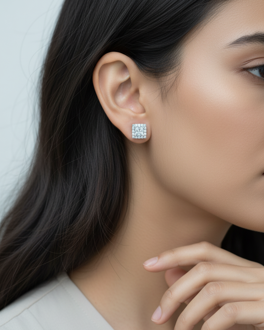 Prismatic Square Halo Stud Earrings | 925 Sterling Silver