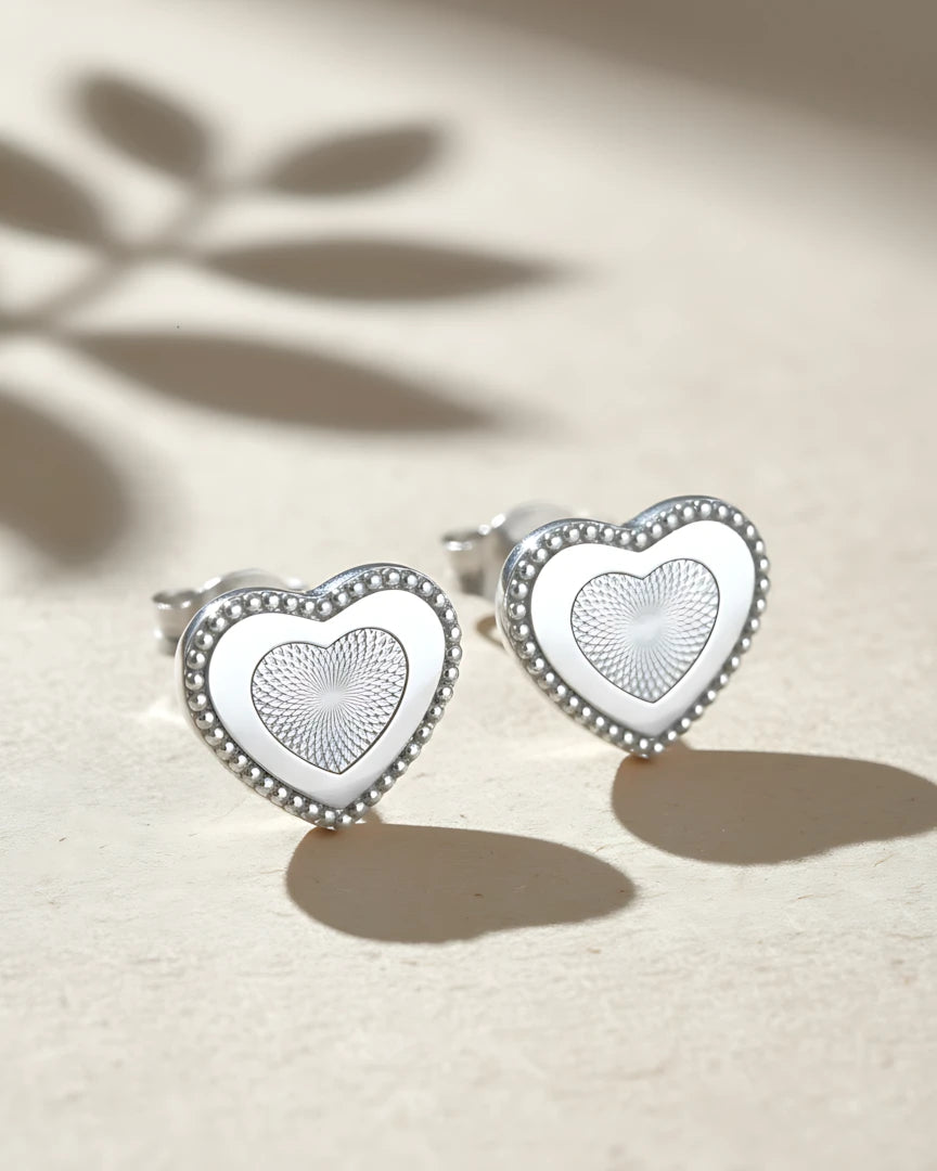 Engraved Heart Silver Earrings | 925 Sterling Silver Laser Etched Studs